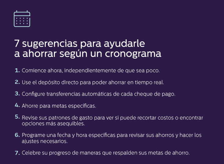 Encabezado: 7 sugerencias para ayudarle a ahorrar según un cronograma 1. Comience ahora, independientemente de que sea poco. 2. Use el depósito directo para poder ahorrar en tiempo real. 3. Configure transferencias automáticas de cada cheque de pago. 4. Ahorre para metas específicas. 5. Revise sus patrones de gasto para ver si puede recortar costos o encontrar opciones más asequibles. 6. Programe una fecha y hora específicas para revisar sus ahorros y hacer los ajustes necesarios. 7. Celebre su progreso de maneras que respalden sus metas de ahorro.